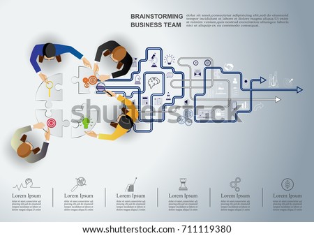 Business meeting and brainstorming. Idea and business concept for teamwork. Vector illustration infographic template with people, team and icon.