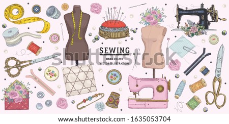 Vector hand drawn sewing retro set. Collection of highly detailed hand drawn sewing tools