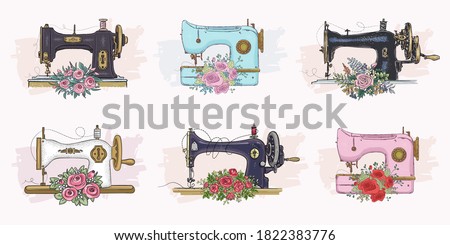 Set of hand drawn sewing machines. Vector illustration