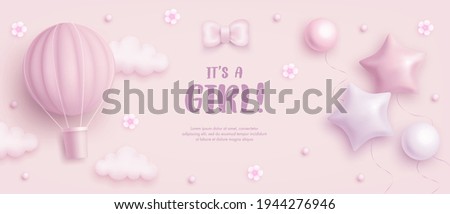 Baby shower horizontal banner with cartoon hot air balloon, helium balloons, clouds and flowers on pink background. It's a girl. Vector illustration