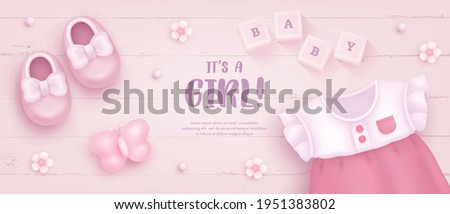 Baby shower horizontal banner with cartoon shoes, dress and toys on pink background. It's a girl. Vector illustration