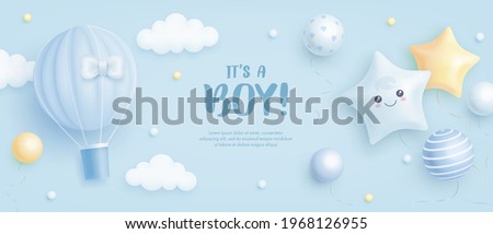 Baby shower horizontal banner with cartoon hot air balloon, helium balloons and clouds on blue background. It's a boy. Vector illustration