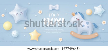 Baby shower horizontal banner with cartoon horse, helium balloons and flowers on blue wooden background. It's a boy. Vector illustration