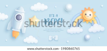 Baby shower horizontal banner with cartoon rocket, rainbow, sun, helium balloons and clouds on blue background. It's a boy. Vector illustration