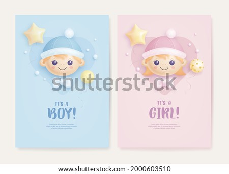 Set of baby shower invitation with cartoon baby girl, baby boy and helium balloons on blue and pink background. It's a boy. It's a girl. Vector illustration