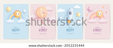 Set of baby shower invitation with cartoon rainbow, sun, rocket and hot air balloon on blue and pink background. It's a boy. It's a girl. Vector illustration