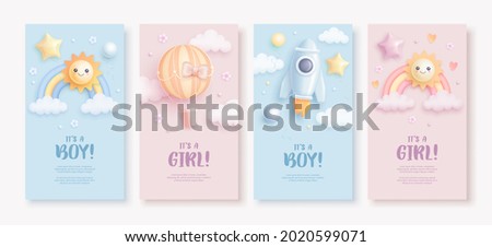 Set of baby shower vertical banner template for social networks stories. Vector illustration of cartoon rainbow, sun, rocket and hot air balloon on blue and pink background. It's a boy. It's a girl
