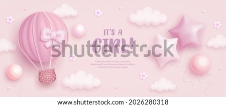 Baby shower horizontal banner with cartoon hot air balloon, helium balloons and flowers on pink background. It's a girl. Vector illustration