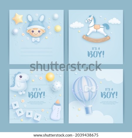 Set of baby shower invitation with cartoon horse, toys, hot air balloon, helium balloons on blue background. It's a boy. Vector illustration