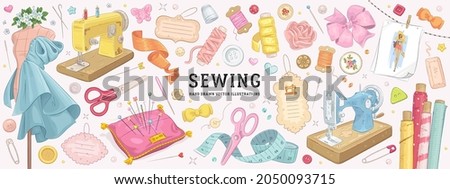Vector hand drawn sewing retro set. Collection of highly detailed hand drawn sewing tools isolated on background
 Foto stock © 