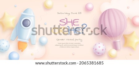 He or she. Cartoon gender reveal invitation template. Horizontal banner with realistic rocket, hot air balloon and helium balloons. Vector illustration