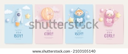 Set of baby shower invitation with cartoon baby girl, baby boy, rocket and hot air balloon on blue and pink background. It's a boy. It's a girl. Vector illustration ストックフォト © 