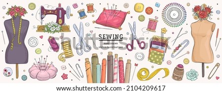 Vector hand drawn sewing retro set. Collection of highly detailed hand drawn sewing tools isolated on background