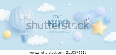 Baby shower horizontal banner with cartoon hot air balloon, helium balloons and clouds on blue background. It's a boy. Vector illustration ストックフォト © 
