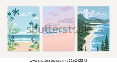 Set of nature landscape background. Hand drawn card, poster, banner or cover design template with tropical beach and forest. Vector illustration