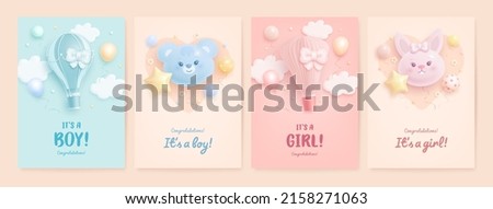 Set of baby shower invitation with cartoon bear, bunny, hot air balloon and flowers on blue, pink and beige background. It's a boy. It's a girl. Vector illustration ストックフォト © 