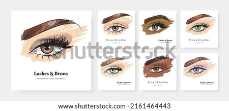 Set of square banner or card design template with hand drawn beautiful female eyes. Luxury makeup. Vector illustration