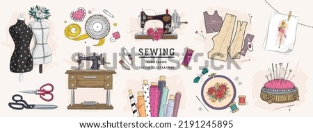 Vector hand drawn sewing retro set. Collection of highly detailed hand drawn sewing tools isolated on background