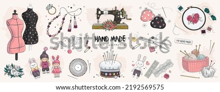 Hand drawn sketch handmade set. Vector illustration of sewing machine, pin cushion, dolls, mannequin and jewellery