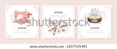 Square banner templates for greeting card and social media mobile apps. Sewing equipment and needlework. Vector illustration of sewing machine, pin cushion, scissors and buttons