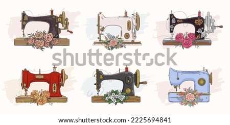 Set of hand drawn sewing machines and flowers. Vector illustration