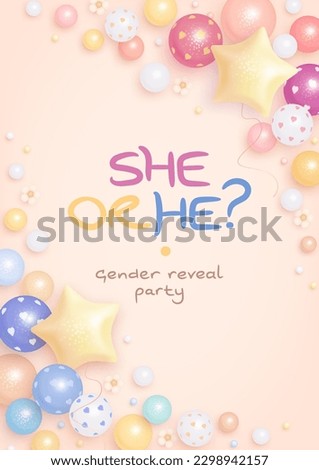 He or she. Cartoon gender reveal invitation template. Vertical banner with helium balloons and flowers. Vector illustration