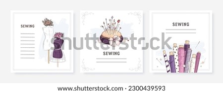 Square banner templates for greeting card and social media mobile apps. Sewing equipment and needlework. Vector illustration of pin cushion, mannequin and flowers