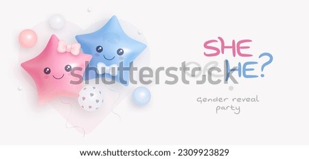 He or she. Boy or Girl. Cartoon gender reveal invitation template. Horizontal banner with realistic helium balloons. Vector illustration