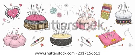 Set of hand drawn pin cushion, safety pin and sewing pin isolated on white background. Sewing tools. Vector illustration