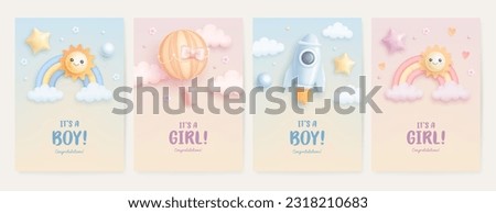 Set of baby shower invitation template with cartoon rocket, hot air balloon and rainbow on colorful background. Its a girl, its a boy. Vector illustration