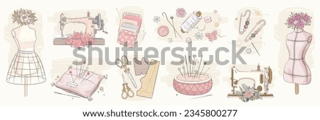 Vector sketch sewing retro set. Collection of highly detailed hand drawn mannequin and sewing tools isolated on background