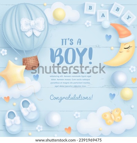 Baby shower square invitation, card, banner with cartoon hot air balloon, shoes, crescent moon and helium balloons on blue background. It's a boy. Vector illustration