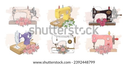 Set of hand drawn sewing machines and flowers. Vector illustration