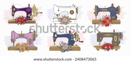 Set of hand drawn retro sewing machine isolated on white background. Vintage style. Sewing sketch equipment. Atelier symbol. Needlework tools. Vector illustration