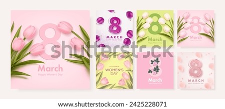 International women's day square banner or greeting card design template set with realistic tulips and petals. Festive elegant background. Vector illustration