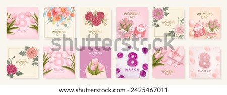 International women's day square banner or greeting card design template set with realistic tulips, envelope, petals. Festive elegant background. Vector illustration