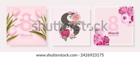 International women's day square banner or greeting card design template set with realistic tulips, 8 number and hand drawn flowers. Romantic elegant background. Vector illustration