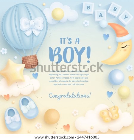 Baby shower square invitation, card, banner with cartoon hot air balloon, shoes, crescent moon and helium balloons on light background. It's a boy. Vector illustration