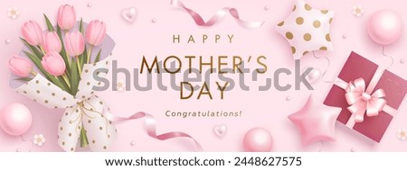 Mothers day horizontal billboard or web banner with realistic 3d pink tulips, gift box and golden text on pink background. Floral festive elegant wallpaper. Vector illustration