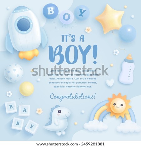 Baby shower square invitation, greeting card or web banner with cartoon rocket, toys, rainbow and helium balloons on blue background. It's a boy