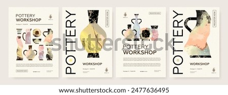 Set of pottery workshop advertising vectot poster design template. Hand made ceramics, clay crockery flat illustration. Pottery lesson, ceramic studio, hobby master class invitation layout