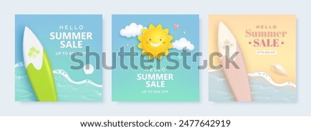 Set of discount square flyer, card or web banner with cartoon 3d sun, sea wave, surfboard. Hello summer sale realistic background with tropical beach elements. Vector illustration