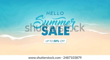 Vector beautiful realistic illustration of top view sandy summer beach. Summer sale horizontal promotional web banner, flyer, poster, greeting card