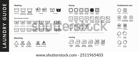 Washing symbols set isolated on background. Laundry guide icons collection. Care ladel pictogram. Clothes washing instruction. Washing, drying, dry-cleaning, ironing. Vector illustration