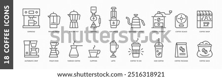 Coffee brewing alternative methods icons set. Espresso, french press, mocha pot, pour over, cup, turkish coffee icon. Coffee shop pictogram. Vector web symbol or logo design element