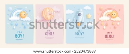 Baby shower banner, invitation, arrival greeting card design template. Baby birth vector 3d toys, rainbow. It's a girl. It's a boy. Welcome baby background