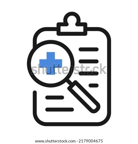Medical report with magnifying glass. Search diagnosis, medical form with medications vector illustration