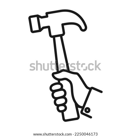 Hand holding hammer to repair or fix things icon. Repair tool line art symbol vector illustration.