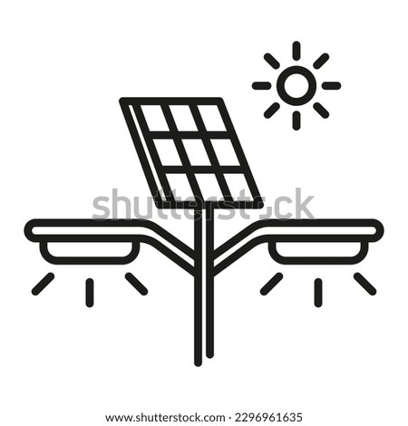 Solar panel lighting system, street lamp, autonomous solution. Energy efficient lantern vector line icon