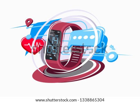 vector illustration of smart watch, display information about time, date, number of steps on the display, smart watch function